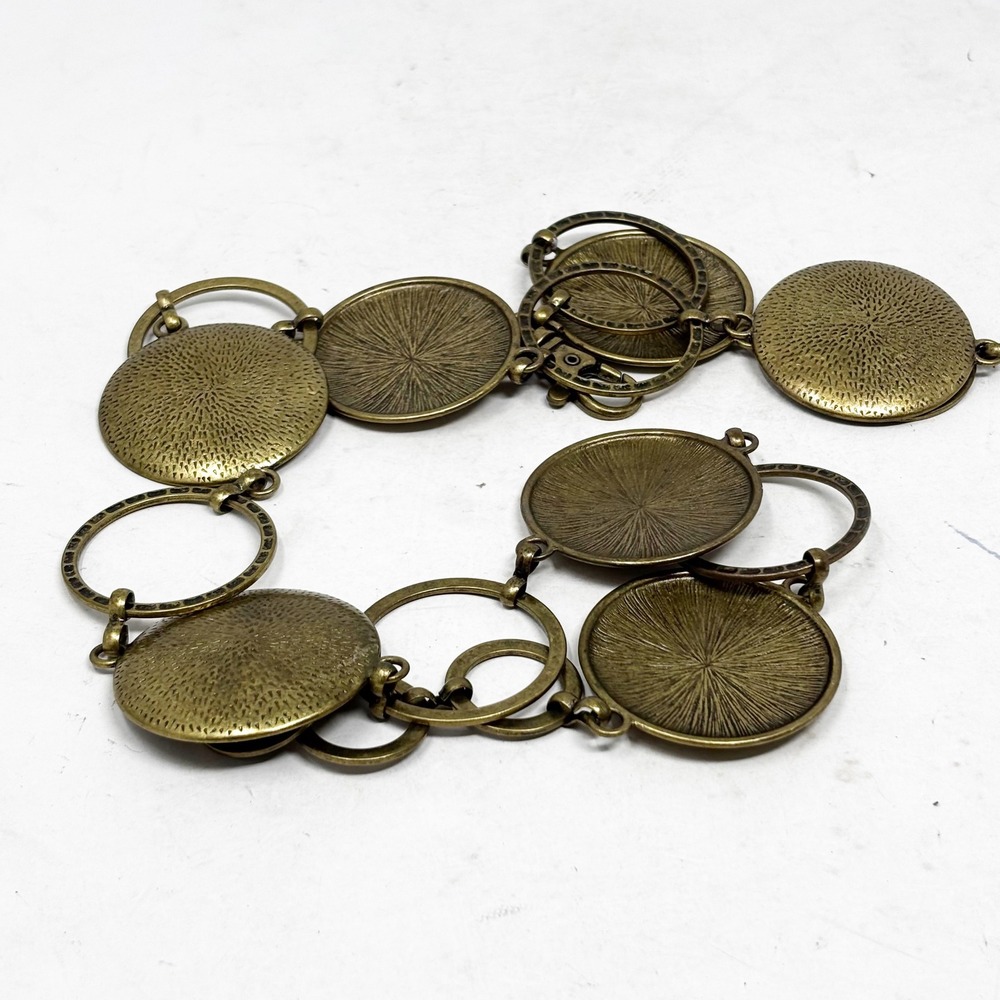 Vintage 70s Brass Textured Disc Chain Belt Boho Western Hammered Ring Size S
